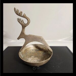 Vintage Brass Trinket Bowl With Deer Figure Footed Holiday
